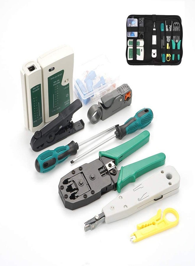 TECHTOO Network Tool Kit - TECHTOO Cable Repair Maintenance Tool Set 12 in 1 Including Cable Crimper, 8P8C 4P4C 6P6C Connectors, RJ45 RJ11 Cat5 Cat6 Cable Tester, Screwdriver, Cable Stripper (12 in 1) - Image 1