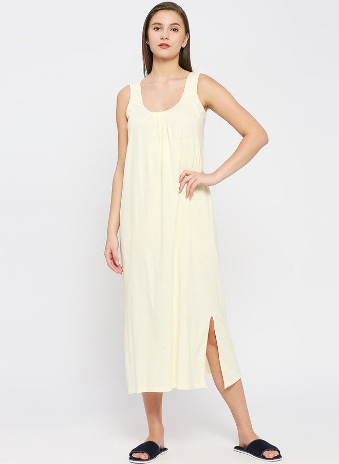 Red Rose RedRose Yellow Cotton Round Neck Sleeveless Long Nighty Slip - Image 1