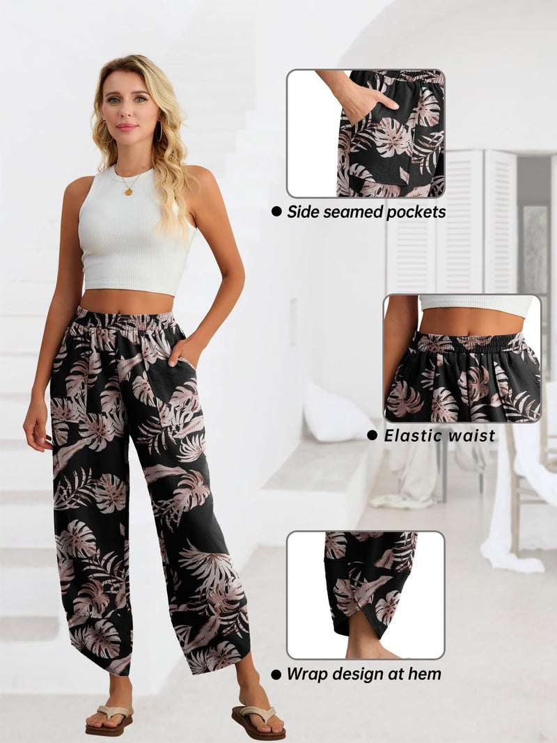 Feiersi Womens Baggy Wide Leg Pants Elastic Waisted Casual Palazzo Harem Pants Summer Beach Trousers(Black Palm Leaf,Large) - Image 4