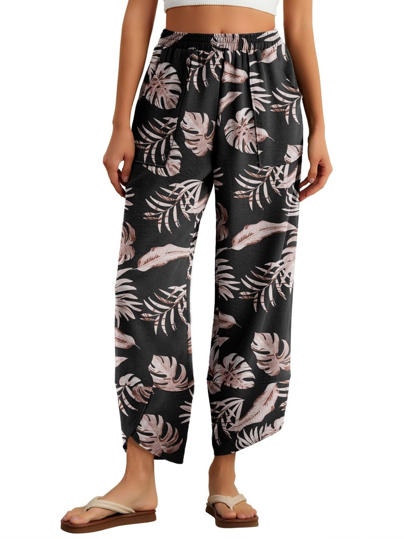 Feiersi Womens Baggy Wide Leg Pants Elastic Waisted Casual Palazzo Harem Pants Summer Beach Trousers(Black Palm Leaf,Large) - Image 1