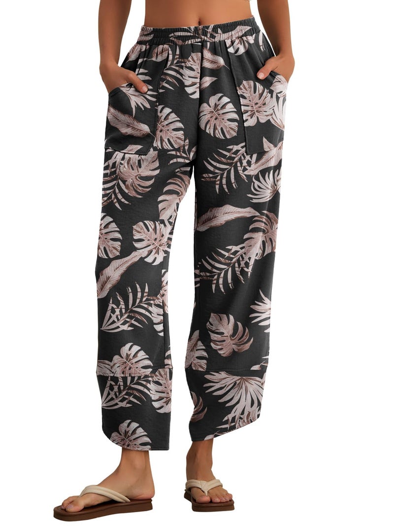 Feiersi Womens Baggy Wide Leg Pants Elastic Waisted Casual Palazzo Harem Pants Summer Beach Trousers(Black Palm Leaf,Large) - Image 2