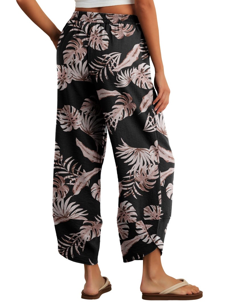Feiersi Womens Baggy Wide Leg Pants Elastic Waisted Casual Palazzo Harem Pants Summer Beach Trousers(Black Palm Leaf,Large) - Image 5