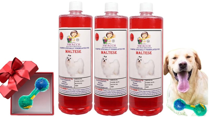 swacch Maltese Dog Shampoo + Dumbbell Toy I Durable Rubber Dog Toy for Chewing I Playing,Teeth Cleaning & Training Toy I Combo Pack I 1 Litre Pack of 3 Jasmine - Image 1