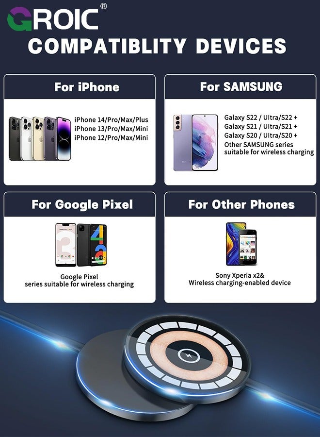 GROIC Black Wireless Charger, iPhone Charger Fast Charging for 15W Max, Compatible with iPhone 15/14/13/12 Series, Samsung Galaxy Series, Magnetic Phone Charger Mag Safe Charging Pad  - Image 2
