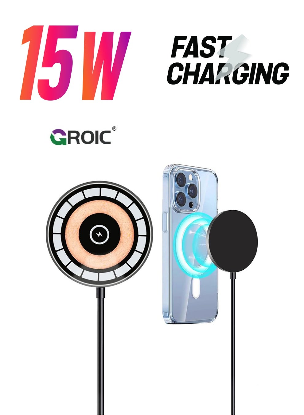 Black Wireless Charger, iPhone Charger Fast Charging for 15W Max, Compatible with iPhone 15/14/13/12 Series, Samsung Galaxy Series, Magnetic Phone Charger Mag Safe Charging Pad