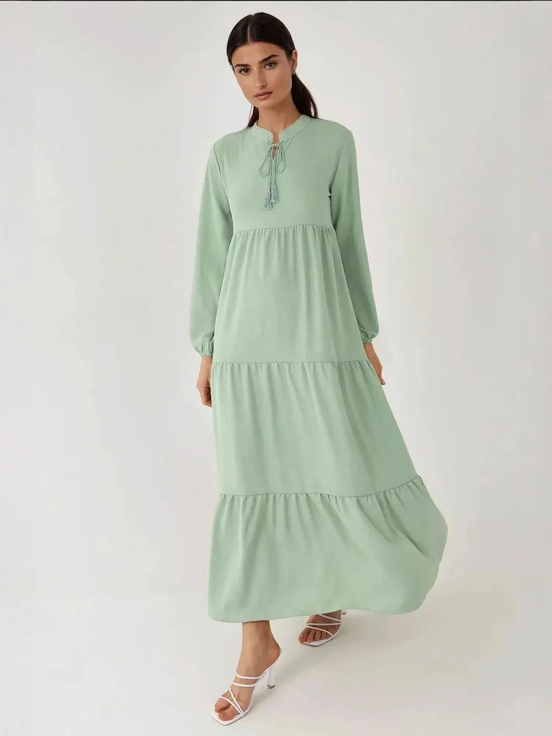 هيكاب Textured Long Sleeve Crew Neck Maxi Dress