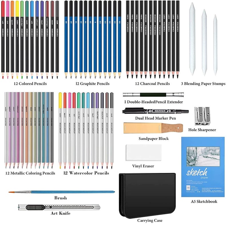 Corslet 73 Pc Sketching Kit 40 Pc Colour Pencil Drawing Pencils for Artists Kit A5 Sketch Book Charcoal Pencil Art Supplies for Artist Sketch Pencils Set for Artists Drawing Kit - Image 2