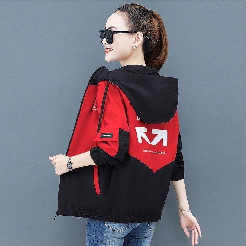 Ladies Hooded Casual Baseball Jacket Lightweight Spring Autumn Coat red 9601 red black - Image 1