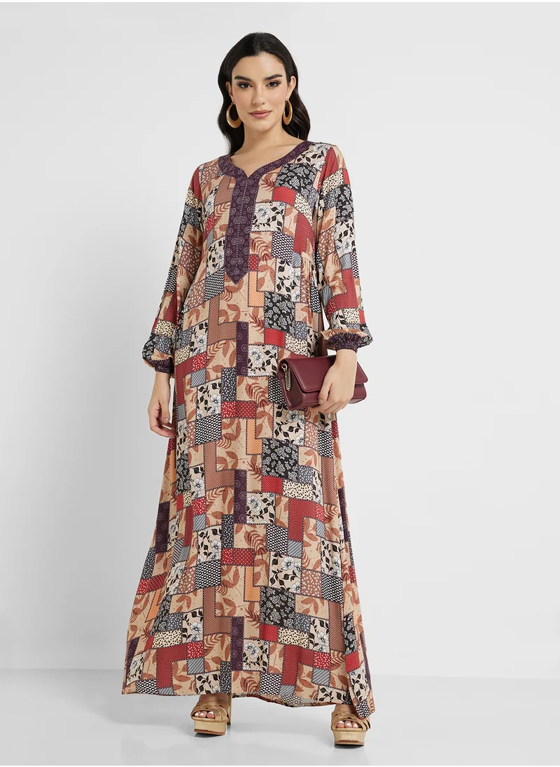 KASHKHA Patch Work Print Jalabiya