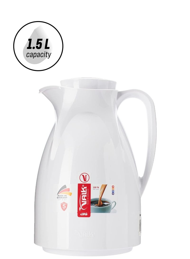 VALK Vacuum Flask with Double Wall Glass (1.5 Liter) | Wide Mouth with Anti-Leakage Cap Double Walled Travel Mug | White Color, 04-353 - Image 1