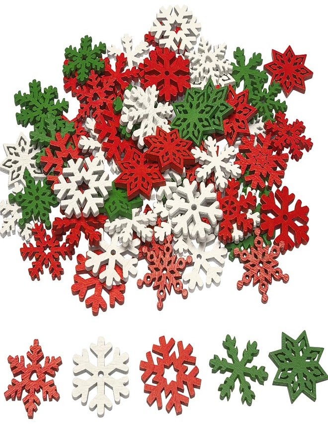 Chenkou Craft 100pcs Mix Styles Colors Snowflake Wood Buttons for Sewing and Crafts (Assorted White, Red, Green) - Image 1
