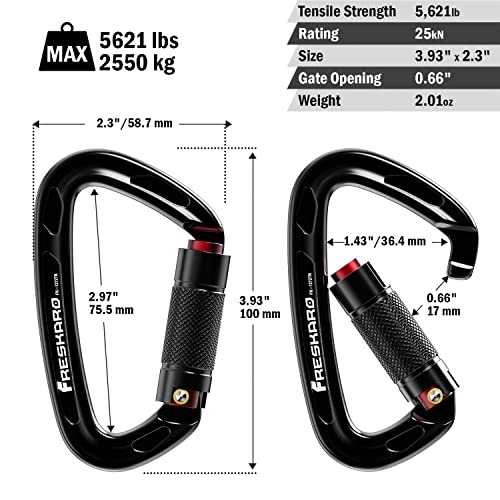 FresKaro 25kN UIAA Certified Climbing Carabiner Clips, 4inches Auto Locking, Heavy Duty Carabiners for Rock Climbing, Mountaineering with Knots Flashcards Guide, 2pack, Black - Image 3