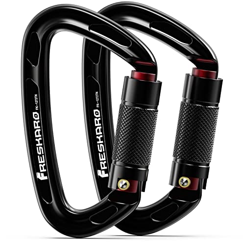 FresKaro 25kN UIAA Certified Climbing Carabiner Clips, 4inches Auto Locking, Heavy Duty Carabiners for Rock Climbing, Mountaineering with Knots Flashcards Guide, 2pack, Black - Image 1