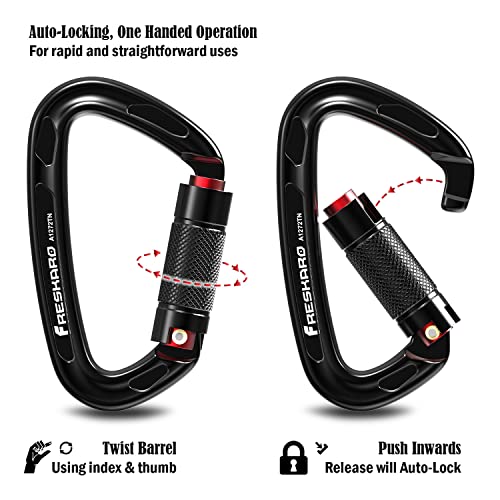 FresKaro 25kN UIAA Certified Climbing Carabiner Clips, 4inches Auto Locking, Heavy Duty Carabiners for Rock Climbing, Mountaineering with Knots Flashcards Guide, 2pack, Black - Image 2