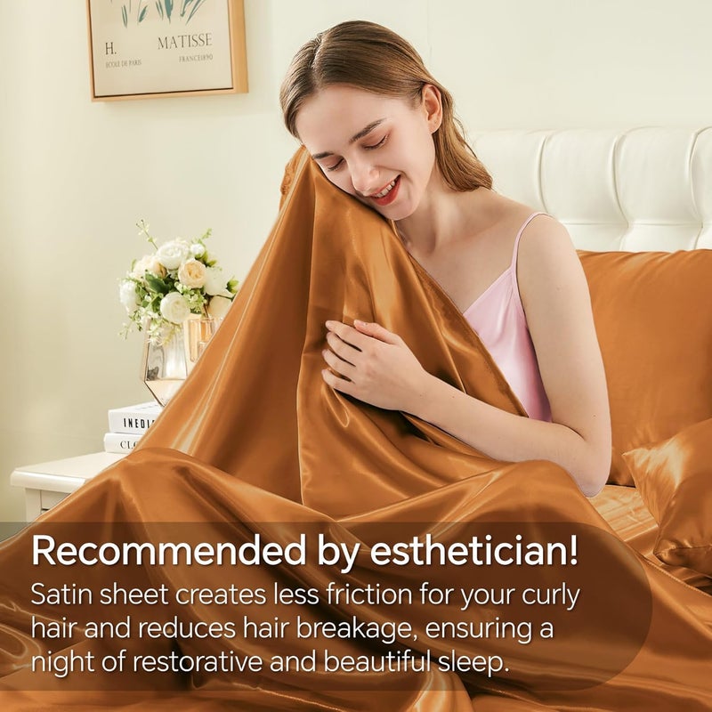 BEDELITE Satin Sheets Queen Size Bed Set, Luxury Soft Burnt Orange Silky Sheets for Hair and Skin, Similar to Silk Bed Sheets Set 4 Pieces with 1 Deep Pocket Fitted Sheet, 1 Flat Sheet, 2 Pillowcases - Image 4