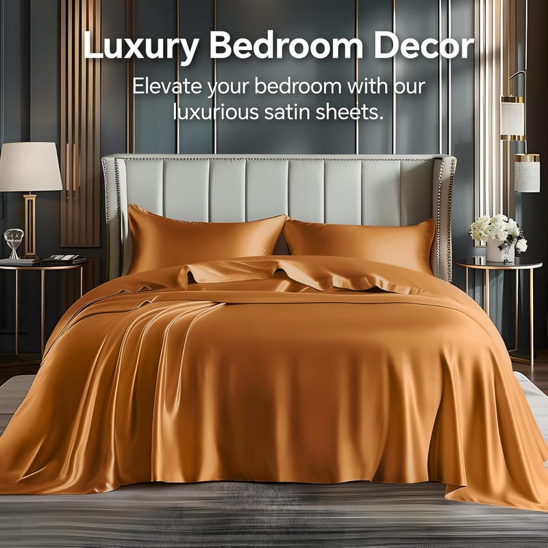 BEDELITE Satin Sheets Queen Size Bed Set, Luxury Soft Burnt Orange Silky Sheets for Hair and Skin, Similar to Silk Bed Sheets Set 4 Pieces with 1 Deep Pocket Fitted Sheet, 1 Flat Sheet, 2 Pillowcases - Image 2