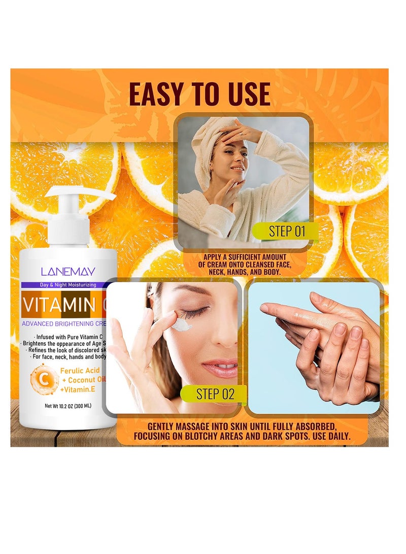 LANEMAY Multip Efficac Moisturize Skin-Smoothing ,Vitamin C Advanced Brightening Cream,With Ferulic Acid Coconut Oil Vitamin E,Day & Night Moisturizing,For Face, Neck, Hands And Body 300ml - Image 5