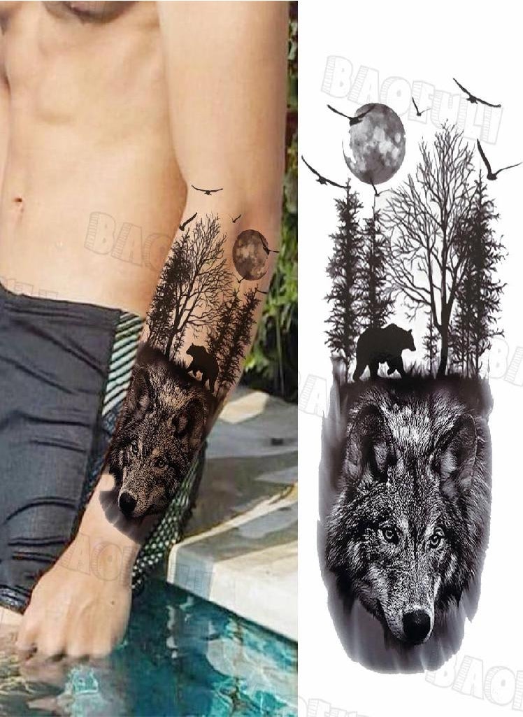 Generic - Temporary Tattoos For Men Adult Wolf Skull Punk Realistic Fake Tattoo Sticker Body Art Half Sleeve Tatoos - Image 1