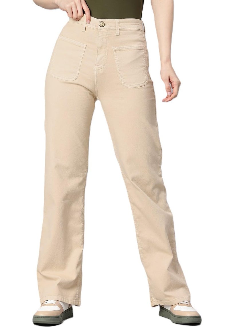ADBUCKS Women High Rise Baggy Jeans II High Waisted Stretchy Loose Trendy Denim Pants with Pocket II Flared II Wide Leg II Bell Bottom Beige, 34 - Image 1