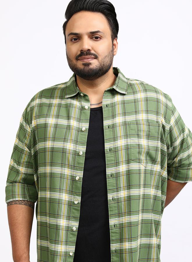 HIGHLANDER Plus Size Checked Spread Collar Relaxed Fit Shirt - Image 1