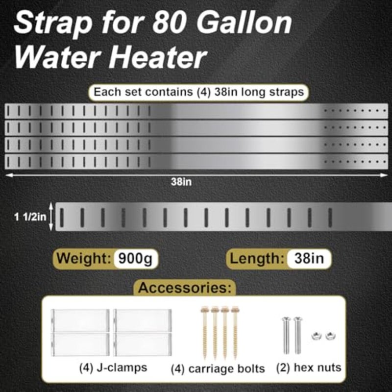 2 Set Seismic Water Heater Strap Kit, Adjustable 38" Front Mount Earthquake Straps for 80 Gallon Water Heater, Expansion Tank Mounting Bracket, Galvanized Stainless Steel, with Installation Accessory - Image 2
