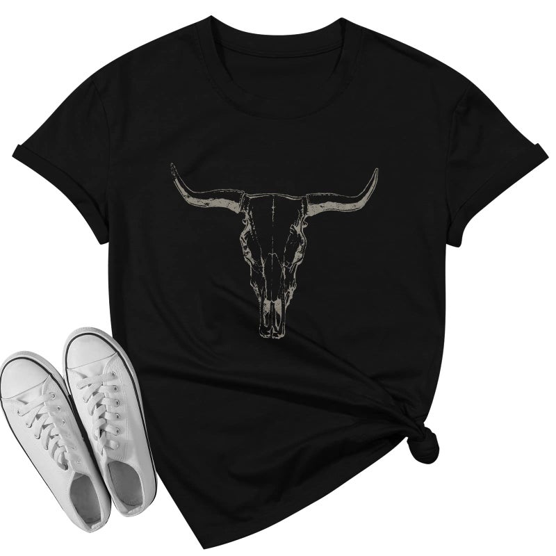 UNIQUEONE Boho Cow Skull Shirt Women Cowgirl t Shirt Vintage Western Rodeo Graphic Tee Short Sleeve Bull Skull Casual Top - Image 3