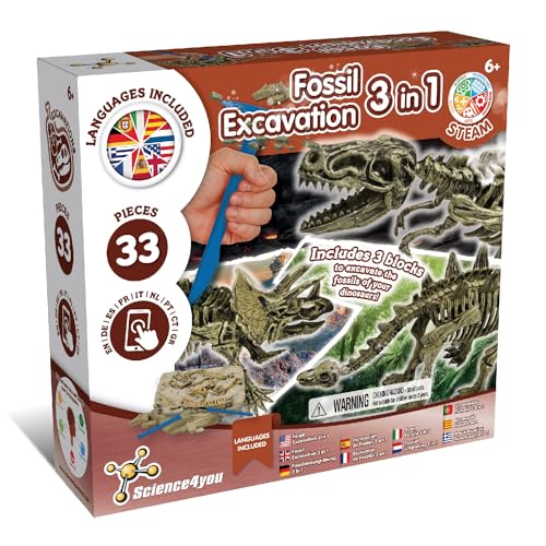 Science4you Dinosaur Fossil Excavation 3 in 1 Fossil Digging Kit for Kids TRex Triceratops Stegosaurus 3 Dinosaurs Toys for Kids 37 Pieces Toys Games Gifts for 6 Year Old Boys and Girls - Image 1