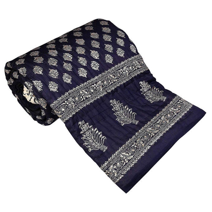 TRADITIONAL FAMOUS JAIPURI BEAUTIFUL FLORAL PRINT IN BLACK SILVER GOLD JAIPURI RAJAIRAZAIQUILT DOUBLEDOUBLE BED QUILTCOMFORTERAC QUILTAC COMFORTER