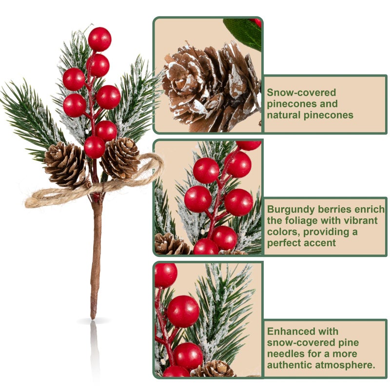 Crafare 15 Pack Small Christmas Picks Assorted Size Red Berry Picks Stems with Pinecones for Christmas Holiday Floral Arrangement Winter Holiday Season Decoration - Image 3