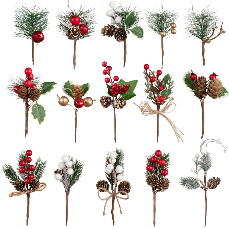 Crafare 15 Pack Small Christmas Picks Assorted Size Red Berry Picks Stems with Pinecones for Christmas Holiday Floral Arrangement Winter Holiday Season Decoration - Image 1