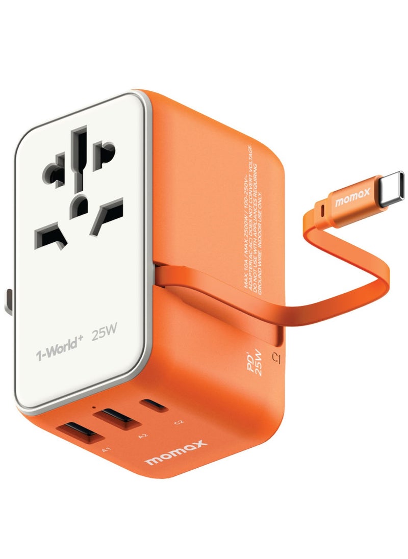Momax Momax UA20 1-World 25W GaN 3 Ports + Multi Plug Travel Adapter Multi Volt 100-240V USB-C / USB-A with Retractable USB-C Cable - Orange  - Image 1