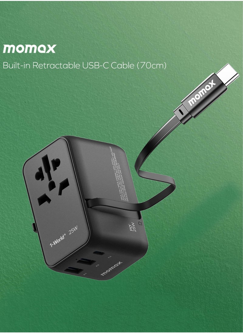 Momax Momax UA20 1-World 25W GaN 3 Ports + Multi Plug Travel Adapter Multi Volt 100-240V USB-C / USB-A with Retractable USB-C Cable - Orange  - Image 2