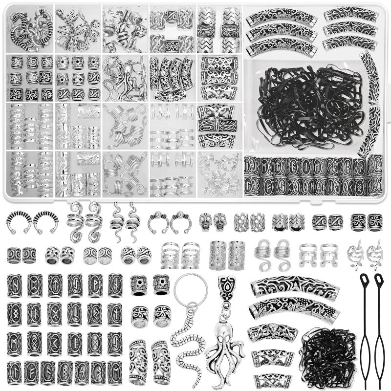 Jollidecor 247Pcs Viking Hair Accessories Norse Runes Tube Beads Metal Cuffs Clips Rings, Dreadlock Beads Braids Locs Hair Jewelry Set for Women Men Beard Decoration Bracelets Necklace DIY Silver - Image 1