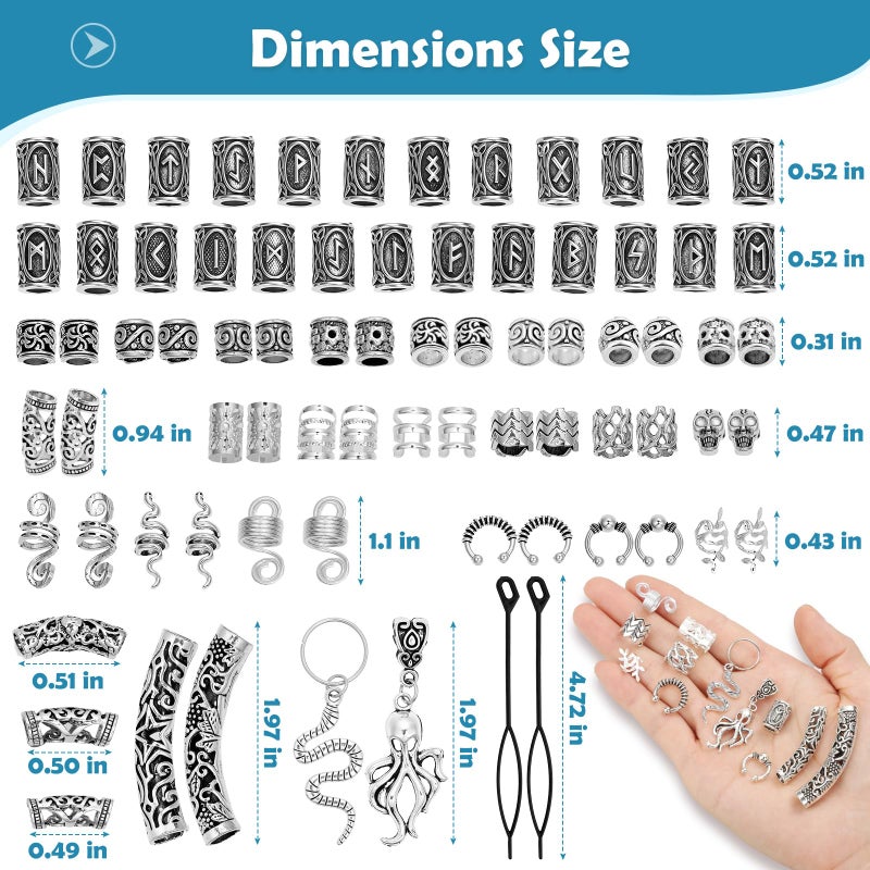 Jollidecor 247Pcs Viking Hair Accessories Norse Runes Tube Beads Metal Cuffs Clips Rings, Dreadlock Beads Braids Locs Hair Jewelry Set for Women Men Beard Decoration Bracelets Necklace DIY Silver - Image 4