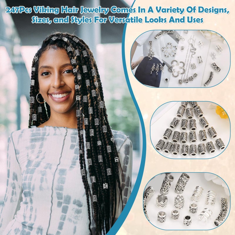 Jollidecor 247Pcs Viking Hair Accessories Norse Runes Tube Beads Metal Cuffs Clips Rings, Dreadlock Beads Braids Locs Hair Jewelry Set for Women Men Beard Decoration Bracelets Necklace DIY Silver - Image 3
