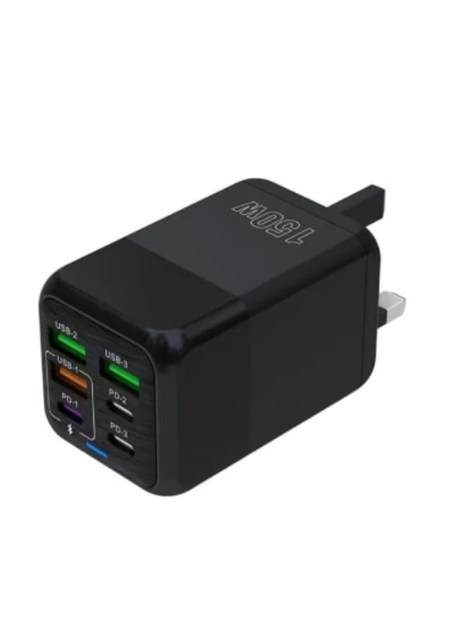 بي دي شاحن جداري ( ثلاثي) بعدد 6 مداخل قوة 150W متعددة الوظائف فائق السرعة اللون اسود - Image 1