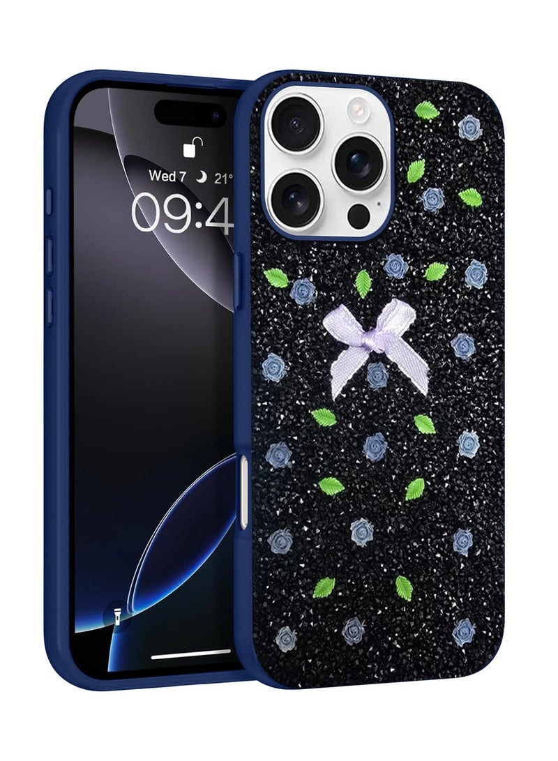 Techie Floral Luxury Sparkling Diamond Rhinestone Back Cover Case for Apple iPhone 16 Pro Max - Navy Blue - Image 1