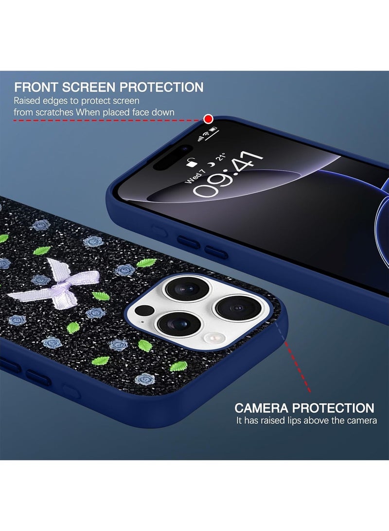 Techie Floral Luxury Sparkling Diamond Rhinestone Back Cover Case for Apple iPhone 16 Pro Max - Navy Blue - Image 3