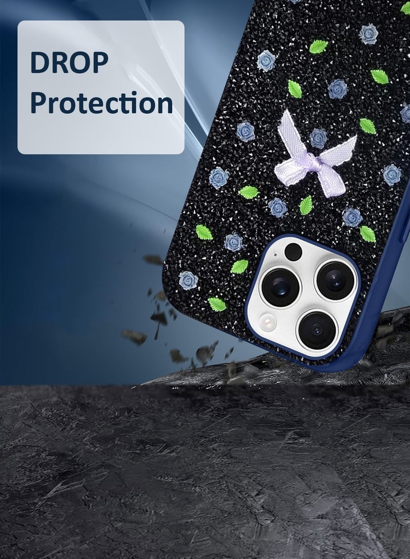 Techie Floral Luxury Sparkling Diamond Rhinestone Back Cover Case for Apple iPhone 16 Pro Max - Navy Blue - Image 5