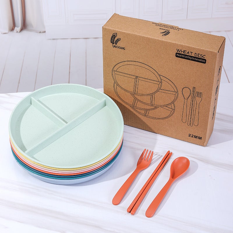 Round Three-Compartment Fat-Reducing Plate Wheat Straw Anti-Fall Household Plate Breakfast Plate Suit - Image 2