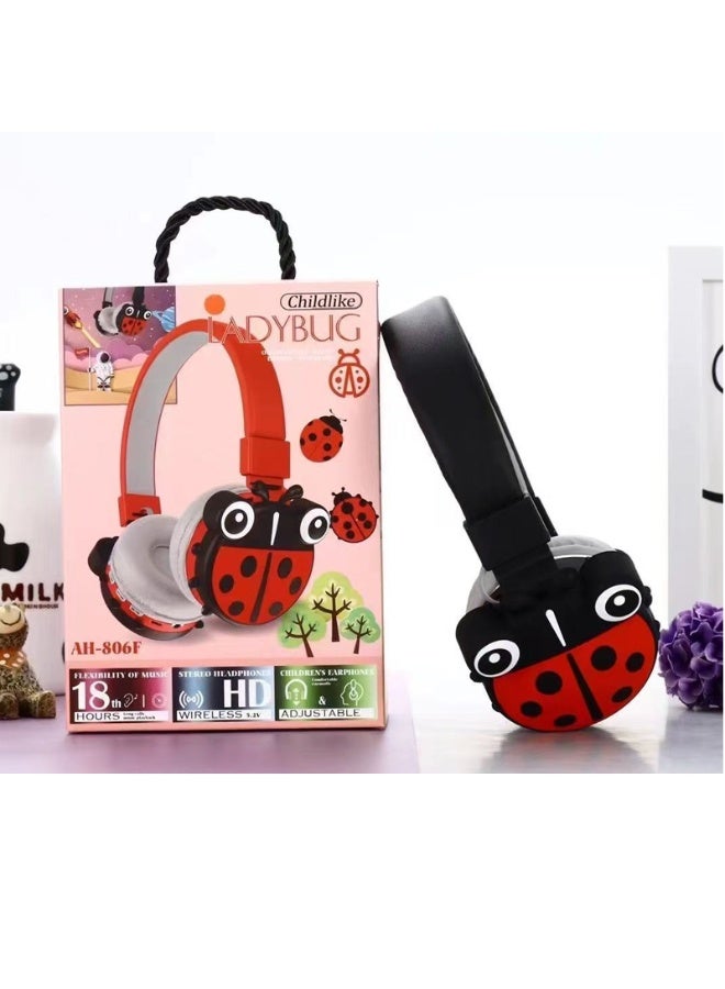 Ladybug Wireless Bluetooth Headphones for Kids – High-Resolution Sound, 400mAh Battery, 18-Hour Playback, Built-in Microphone, Volume Control, 3.5mm Jack