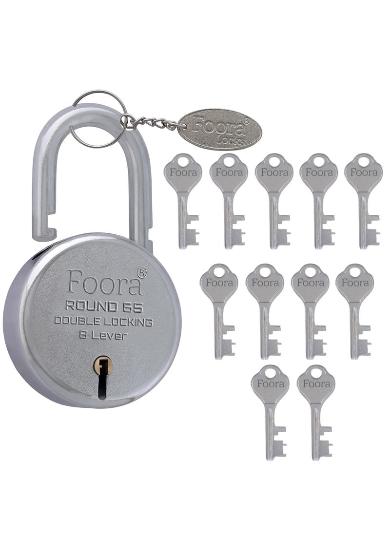 Foora Foora Aligarh Round 65mm Lock Metal Body Double Locking 8 Steel Levers 11 Keys with Keychain Silver Finish HighSecurity Padlock for Doors Gates Shutters Made in India  - Image 1