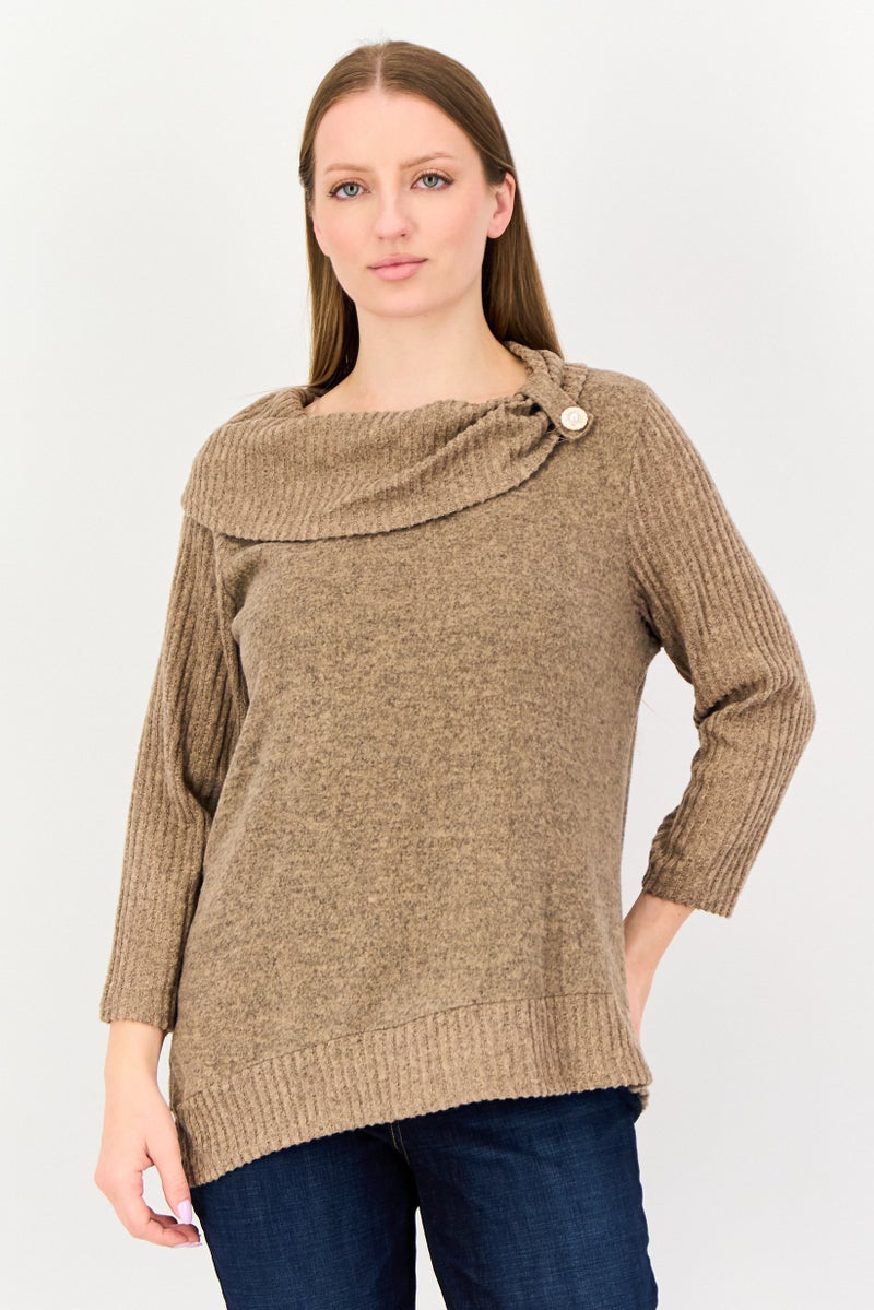 ADRIENNE VITTADINI Women Boat Neck Long Sleeve Solid Top, Brown - Image 1