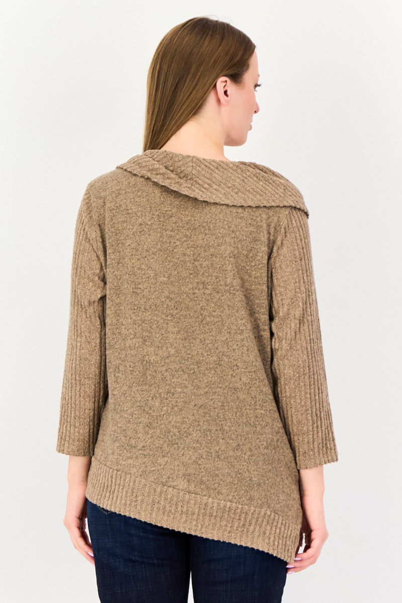 ADRIENNE VITTADINI Women Boat Neck Long Sleeve Solid Top, Brown - Image 3