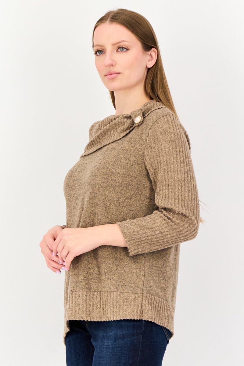 ADRIENNE VITTADINI Women Boat Neck Long Sleeve Solid Top, Brown - Image 2