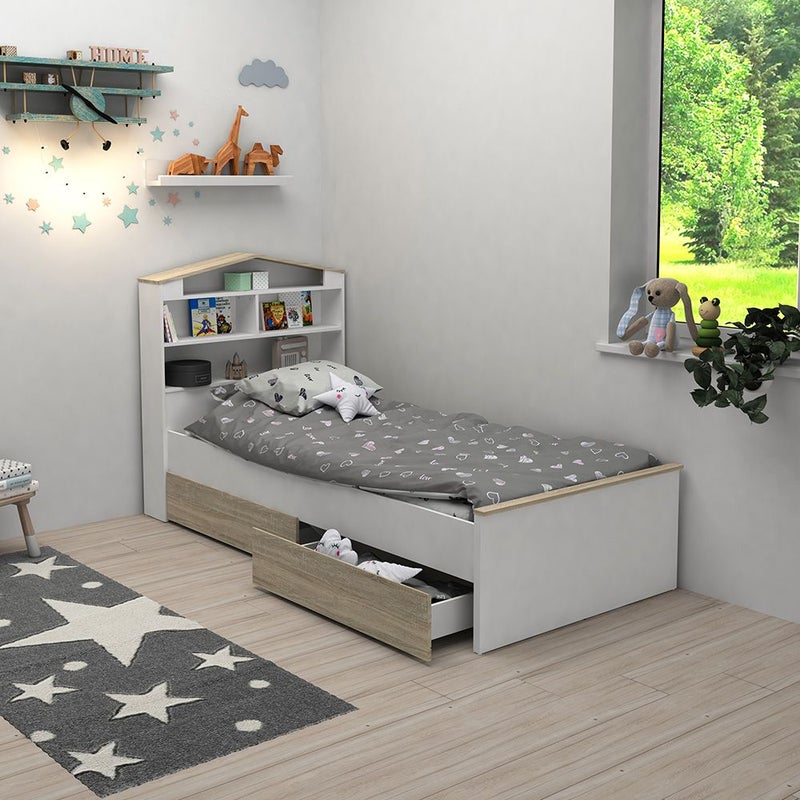 DANUBE HOME Stanley V2 90x200 House Bed With 2 Drawers | Modern Design Wooden Kids Bed Frame Furniture | Comfortable Bed (Mattress Not Included) - Sonoma Oak & White - Image 1