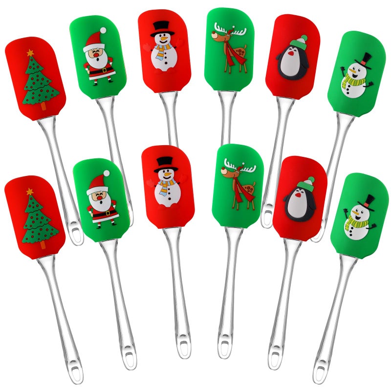 Layhit 12 Pcs Christmas Silicone Spatula Xmas Decorating Pattern Spatula with Plastic Handle Christmas Kitchen Utensils Holiday Cute Pan Scraper for Cake Cooking Baking Cookie Mixing Stir Butter Cream