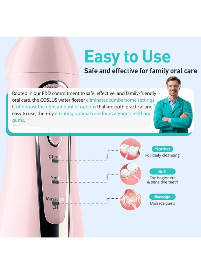 COSLUS Water Dental Flosser Teeth Pick C20(F5020E): Portable Cordless Oral Irrigator 300ML Rechargeable Travel Irrigation Cleaner IPX7 Waterproof Electric Flossing Machine for Teeth Cleaning, Pink - Image 5
