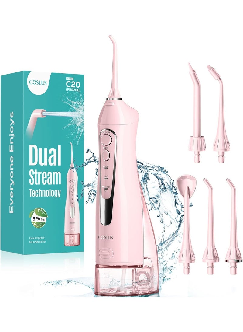 COSLUS Water Dental Flosser Teeth Pick C20(F5020E): Portable Cordless Oral Irrigator 300ML Rechargeable Travel Irrigation Cleaner IPX7 Waterproof Electric Flossing Machine for Teeth Cleaning, Pink - Image 1