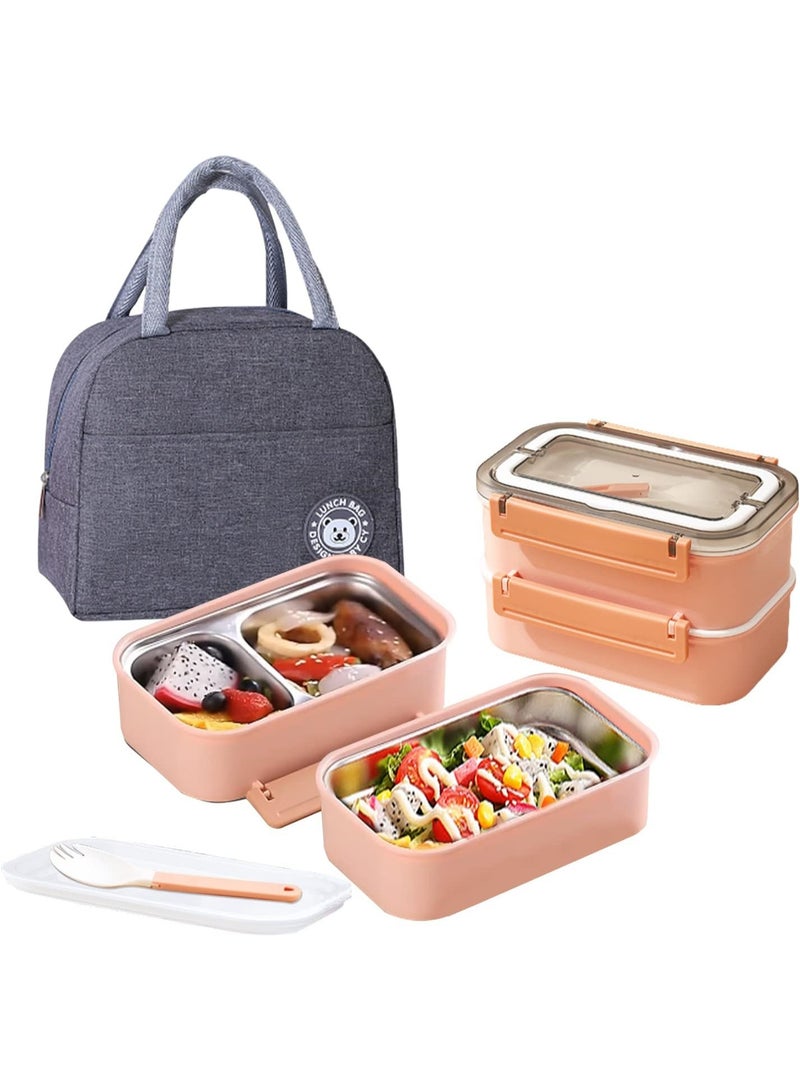 TOMSHOO Stainless Steel Lunch Box - Insulated Bento Box Multifunctional Containers Food Containers with 2 Compartments,Tableware, Nylon insulation bag (1.6L Pink) - Image 1